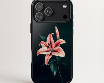 Pink Tiger Lily Phone Case, Dark Green Botanical Aesthetic, Delicate Minimal Flower Cover, iPhone 17 MagSafe, Samsung Galaxy, Google Pixel