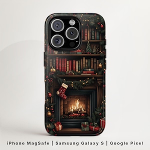 Funda para teléfono con estantería MagSafe / Funda navideña para amantes de los libros / iPhone 16, Samsung Galaxy S25, Google Pixel 9 / Diseño de Book Worm Dark Academia