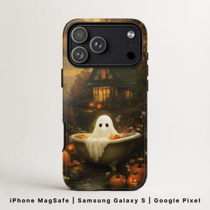 Stevige Ghost in Bath-telefoonhoesje MagSafe | Leuke herfst-Halloween-omslag | iPhone 17, Google Pixel 9, Samsung Galaxy S26 | Griezelige esthetiek