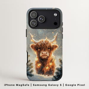 Highland Cow Phone Case MagSafe | Festive Winter with Christmas Lights | Cozy Aesthetic for iPhone 17, Samsung Galaxy S26, Google Pixel 9