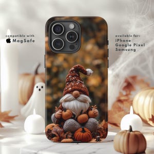 Funda para teléfono con gnomo bordado otoñal MagSafe / Funda acogedora con diseño de calabaza otoñal / iPhone 16, Samsung Galaxy, Google Pixel / Funda estética de Halloween