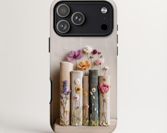 Bookish Floral Phone Case, Vintage Embroidered Books, Cozy Bookworm Gift, iPhone 17 MagSafe, Samsung Galaxy S26, Google Pixel 9