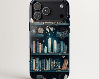 Spiritual Bookshelf Phone Case | Blue Mystical Сrystal Aesthetic Cover | iPhone 17 MagSafe, Galaxy S26, Pixel 9 | Celestial Book Lover Gift