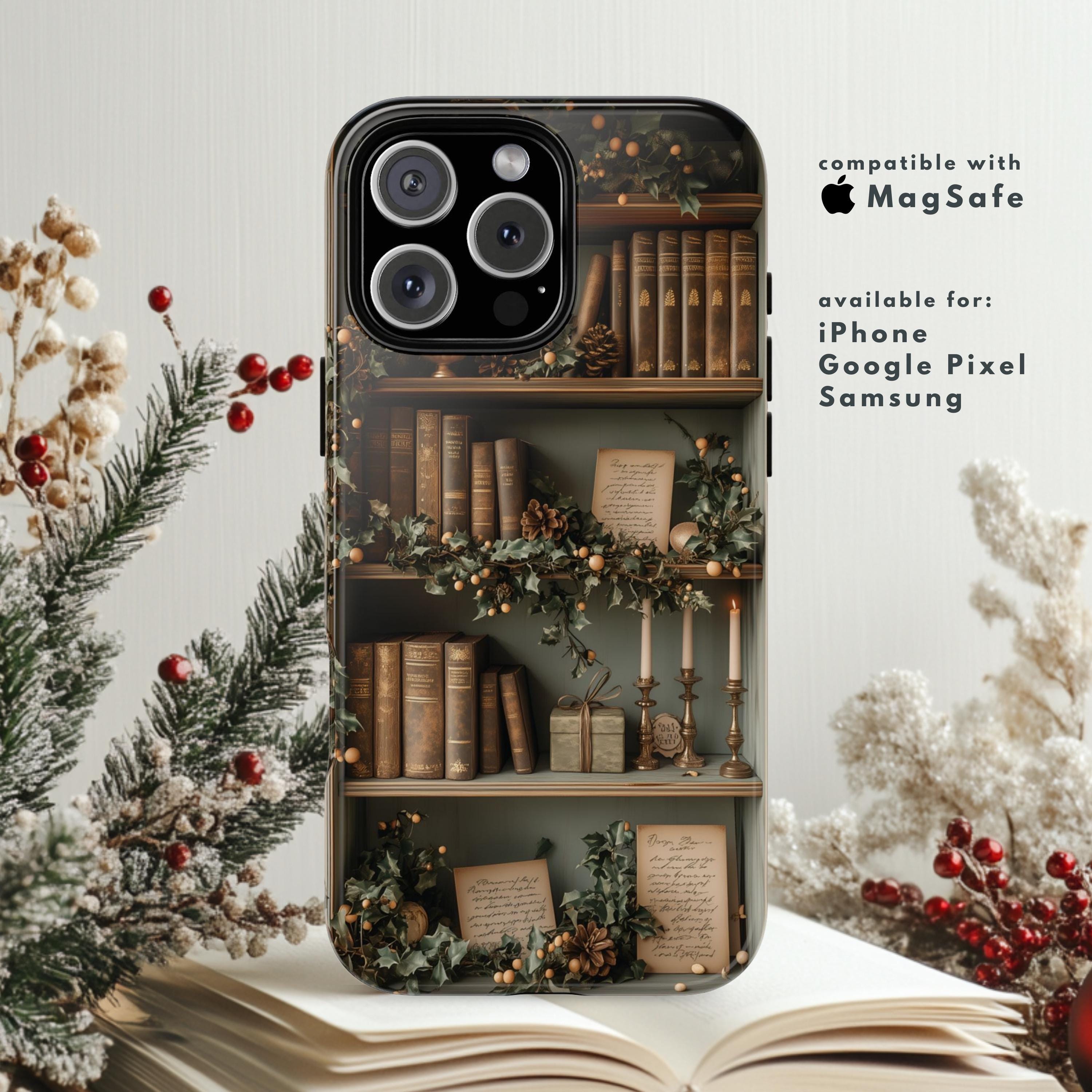 Bookshelf Phone Case Magsafe | Christmas Book Lover Case | iPhone 16, Samsung Galaxy & Google ...