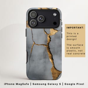 Funda para teléfono Kintsugi de hormigón y oro / Carcasa neutra japonesa / iPhone 17 MagSafe, Samsung Galaxy S26, Google Pixel 9 / Funda sencilla para hombre
