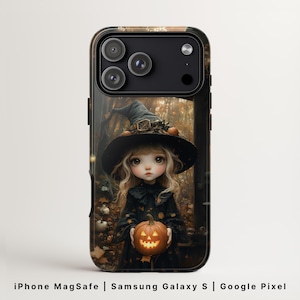 Custodia rigida per telefono con motivo strega di Halloween, custodia rigida autunnale Whimsigoth, protezione della foresta magica, custodia MagSafe per iPhone, custodia per Samsung Galaxy S Pixel