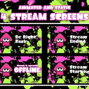 Puede incluir: Cuatro pantallas de transmisión animadas y estáticas con un fondo salpicado de rosa y verde con un calamar de dibujos animados. Las pantallas muestran el texto "Be Right Back", "Stream Ending", "Stream is currently OFFLINE" y "Stream Starting".