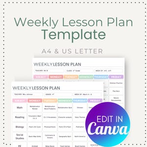 Puede incluir: Una plantilla de plan de lecciones semanal con el texto "Weekly Lesson Plan Template" en verde. La plantilla incluye secciones para la materia, de lunes a viernes e información del profesor. Disponible en tamaños A4 y US Letter.