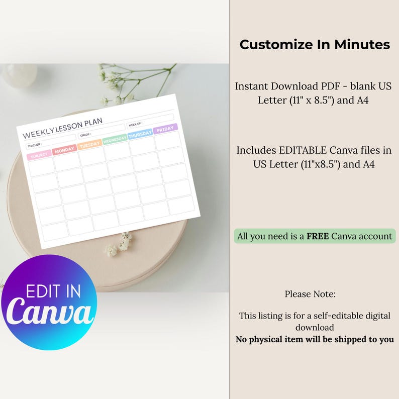 Editable Weekly Lesson Plan for Teachers, Printable Class Schedule ...