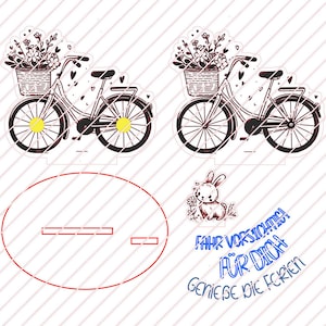 May include: Two black bicycles with baskets of flowers, a bunny holding a flower, and a sign that says "Fahr vorsichtig für dich! Genieße die Ferien!"