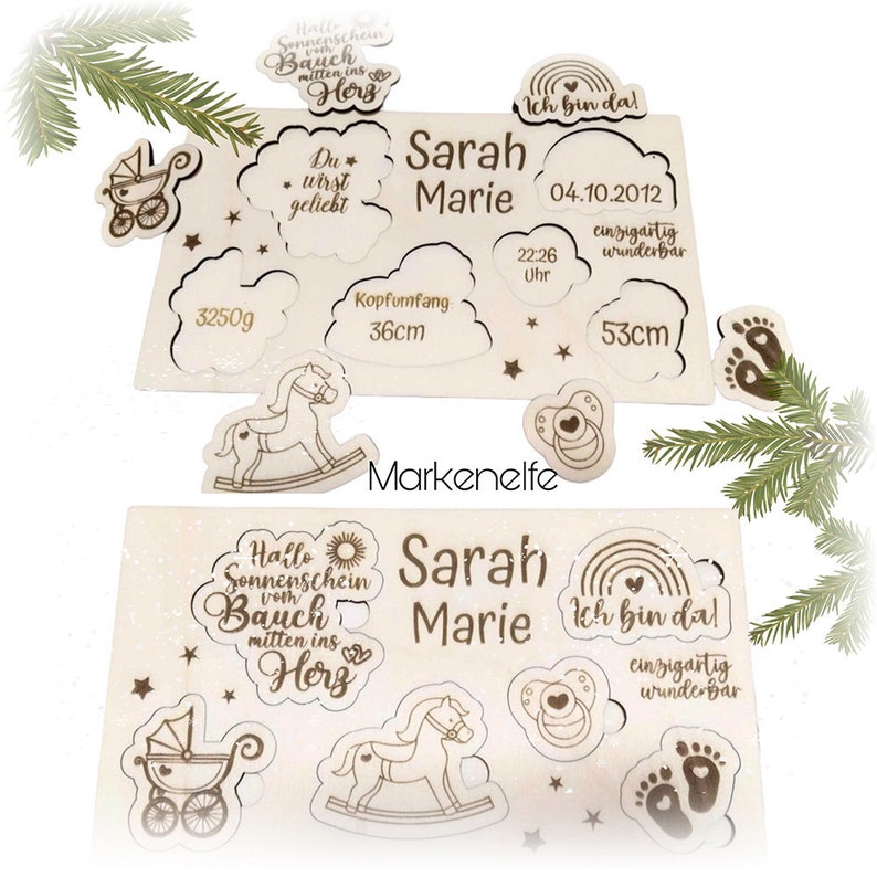 May include: Wooden baby announcement puzzle with a rocking horse, a baby carriage, a pacifier, and footprints. The puzzle pieces are engraved with the text "Hello sunshine from Bauch mitten ins Herz", "Sarah Marie", "Ich bin da!", "04.10.2012", "22:26 Uhr", "3250g", "Kopfumfang 36cm", "einzigartig wunderbar", and "53cm".