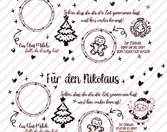 May include: Black and white printable Christmas tags with a circle for a photo, a Christmas tree, a gingerbread man, and the text "Für das Christkind" and "Für den Nikolaus".