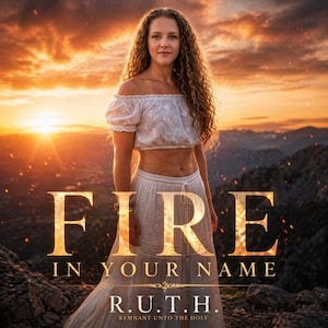 May include: A woman with long, curly hair stands in front of a sunset. She wears a white off-the-shoulder top and a long white skirt. The text "FIRE IN YOUR NAME" is displayed in large, gold letters, with "R.U.T.H. REMNANT UNTO THE HOLY" below.