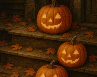 Puede incluir: Tres calabazas naranjas talladas con caras iluminadas se asientan en escalones de madera, rodeadas de hojas de otoño caídas. Las calabazas tienen ojos triangulares y sonrisas dentadas, creando una escena festiva de Halloween.