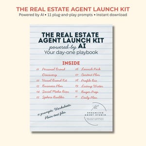 Op de afbeelding: Een wit document met de titel "THE REAL ESTATE AGENT LAUNCH KIT" en de tekst "powered by AI." Het bevat 11 prompts en werkbladen voor makelaars, met onderwerpen als persoonlijke branding en businessplannen.