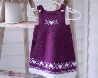 Baby Valentine Dress ~ Size 3-9 mos ~ Hand Knit Baby Girl Fair Isle Hearts Pinafore Dress in Boysenberry & White Machine Washable Wool