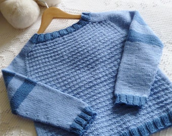 Size 4 yr~Classic Pullover Sweater~Saddle Shoulders in 2 Shades of Blue ~ Handknit in Soft Merino Wool~ Suitable for Boy or Girl