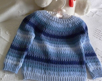 Size 24 mos/2 yrs Long Sleeved Pullover w Round Neck & Blue Stripes~ Knit in Machine Washable 100% Extra Fine Merino Wool