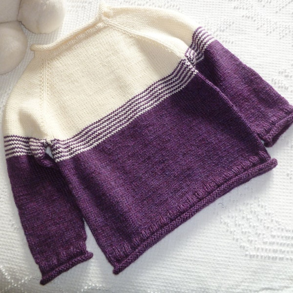 Child size 3 to 4 yrs ~ Very Soft, Cozy, Practical Hand Knit Pullover Sweater~Locally spun and dyed Merino Wool~Purple & Off-White Jumper