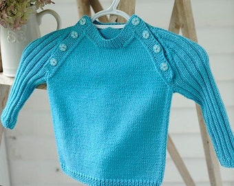 Size 12-18 mos - Hand-Knitted Baby/Toddler Crew-Neck Pullover Sweater in Washable Turquoise Cashmere Merino Wool. Buttoned Jumper