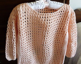 Pretty Peach Airy loose-fitting Baby Girl Summer Tunic/Top/ Swimsuit cover-up Size 12 -18 months Handknit in machine washable Cotton yarn