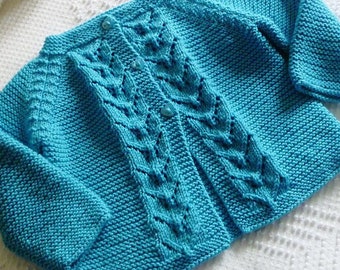 Size 12 months ~ Beautiful Hand Knit Turquoise Open Front Cardigan with Lace Detail ~ Perfect for Gift Giving- Soft Merino Cashmere Yarn