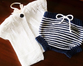 Size 0-3mos ~ Cotton Cardigan and Soaker Set Handknit in Crisp Navy & White Cotton. Perfect Summer Wear. Baby Shower Gift