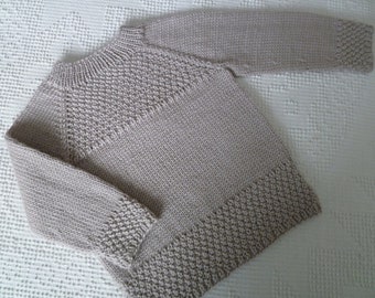 Toddler 2 to 3 years old - Hand Knit Textured Child's Taupe Pullover sweater in Cozy Washable Merino Wool. Beige Kids Jumper.