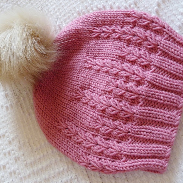 Baby size 6 - 12 mos Handknit Rose Baby Hat Knit in Super Soft Extra Fine Merino Wool~ Pretty Cluster Stitch Pattern. With or without Pompom