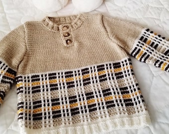 Size 18-24 month ~ Cozy Pullover with Henley neck ~ Soft Washable 100%  Merino Wool~ Beige w Brown, Gold & White Tartan/Plaid Pattern