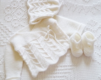 Newborn Pretty White Baby Layette in Chevron Lace ~ Wrap Sweater, Bonnet and Shoes in Soft New Zealand Pure Wool ~ Lovely Christening Outfit