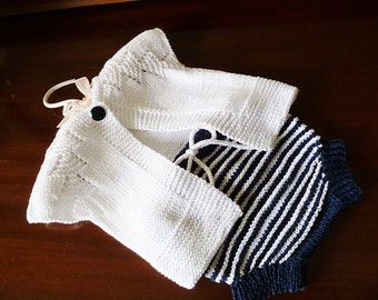 Size 0-3mos ~ Cotton Cardigan and Soaker Set Handknit in Crisp Navy & White Cotton. Perfect Summer Wear. Baby Shower Gift