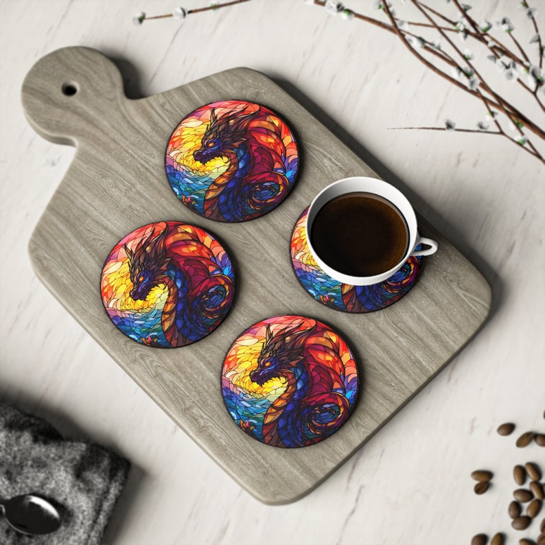 Dragon Cork Wood Coasters Dragons Fantasy 4 Pack Set Coffee Coaster