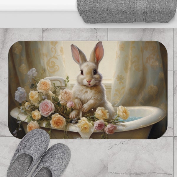 Rabbit Bath Mat Anti-Slip Microfiber Victorian Decor Gift for Animal Lovers Elegant Decor Rabbit Gifts Bathroom Tub Deco Cafe Noir Atelier