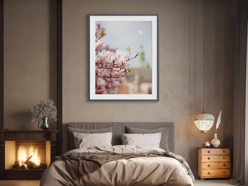 Fotografía de magnolia, cartel de flores rosas, foto delicada de flores de magnolia, estética de impresión digital pastel botánico, arte floral de relajación imagen 4