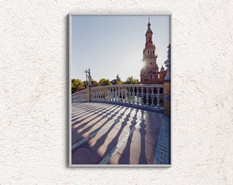 Decoración de la pared de la Plaza de España, cartel de Sevilla, decoración de la sala de estar del puente histórico, impresión de arte digital de la foto de la arquitectura de España,