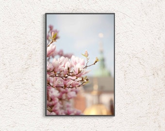 Fotografía de magnolia, cartel de flores rosas, foto delicada de flores de magnolia, estética de impresión digital pastel botánico, arte floral de relajación