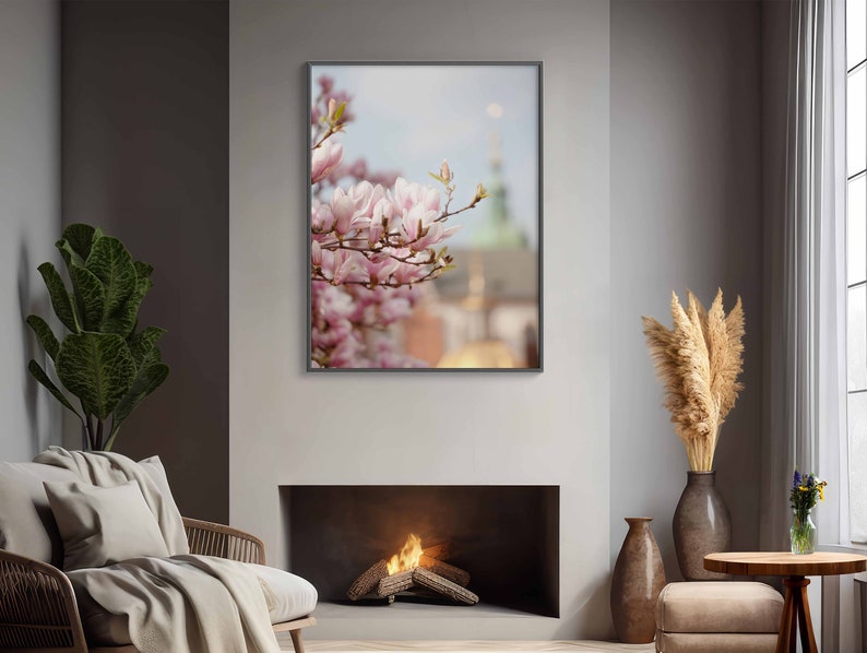 Fotografía de magnolia, cartel de flores rosas, foto delicada de flores de magnolia, estética de impresión digital pastel botánico, arte floral de relajación imagen 3