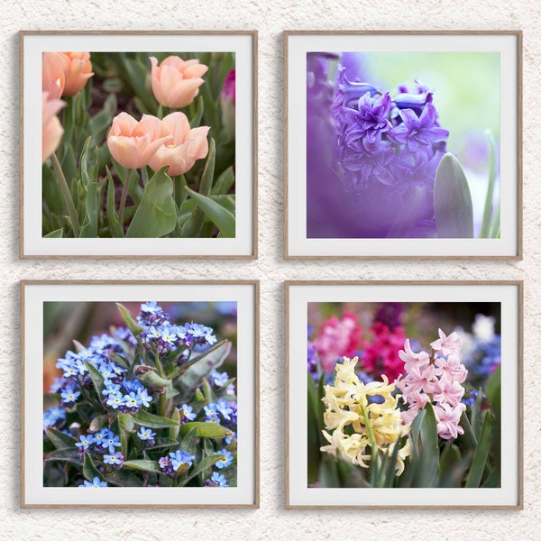 Set of 4 square digital files, Flower Photography, Spring Flower Decor, Botanical Poster, Floral Downloadable Art, Poster Digital Download