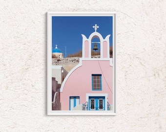 Architecture de Santorin, photographie de la Grèce, île grecque, impression téléchargeable, art imprimable, affiche de voyage en Europe, décoration murale photo rose