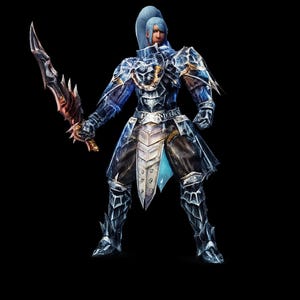 Könnte beinhalten: Ein Krieger in blauer und silberner Rüstung steht da und hält ein detailliertes Schwert mit einer braunen und roten Klinge. Die Figur hat blaue Haare und ist vor einem schwarzen Hintergrund platziert. Die Rüstung hat komplizierte Designs und ein metallisches Aussehen.