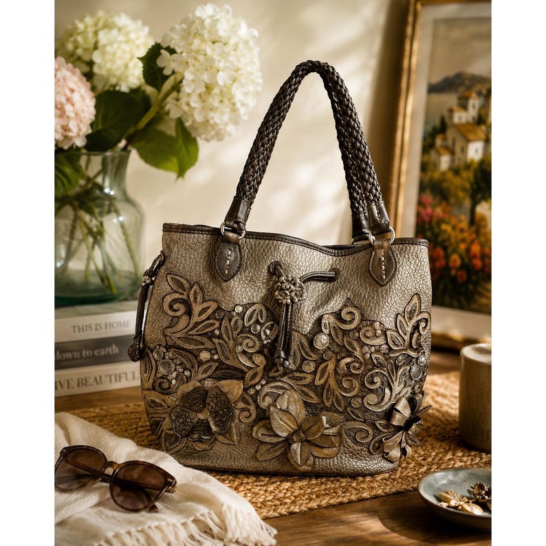 Brighton Leather Pearl Embellished Pewter "Catch the Moon" Bucket Handbag image 1