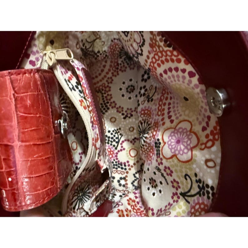 Brighton Red Wicker Bucket Purse Rhinestone Floral Accents & Leather Trim image 9