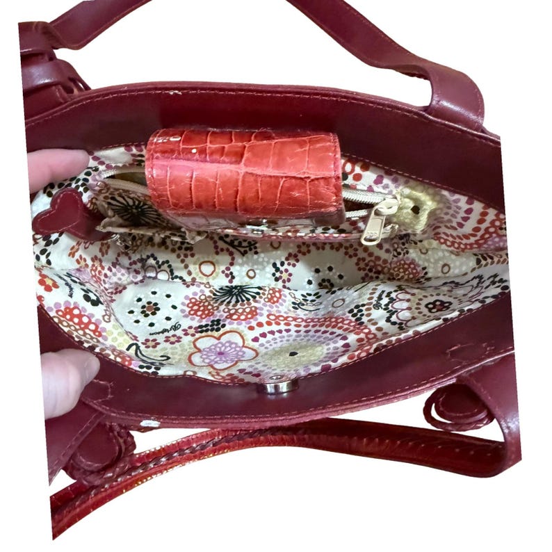 Brighton Red Wicker Bucket Purse Rhinestone Floral Accents & Leather Trim image 3