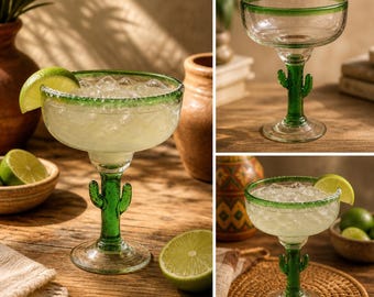 Mexikanskt handblåst margaritaglas grön saguarokaktusstjälk grön kant 355 ml