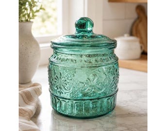 The Pioneer Woman Cassie Teal Embossed Glass Canister 6.5"