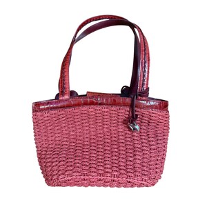 Brighton Red Wicker Bucket Purse Rhinestone Floral Accents & Leather Trim image 2