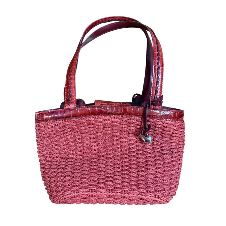 Brighton Red Wicker Bucket Purse Rhinestone Floral Accents & Leather Trim image 2
