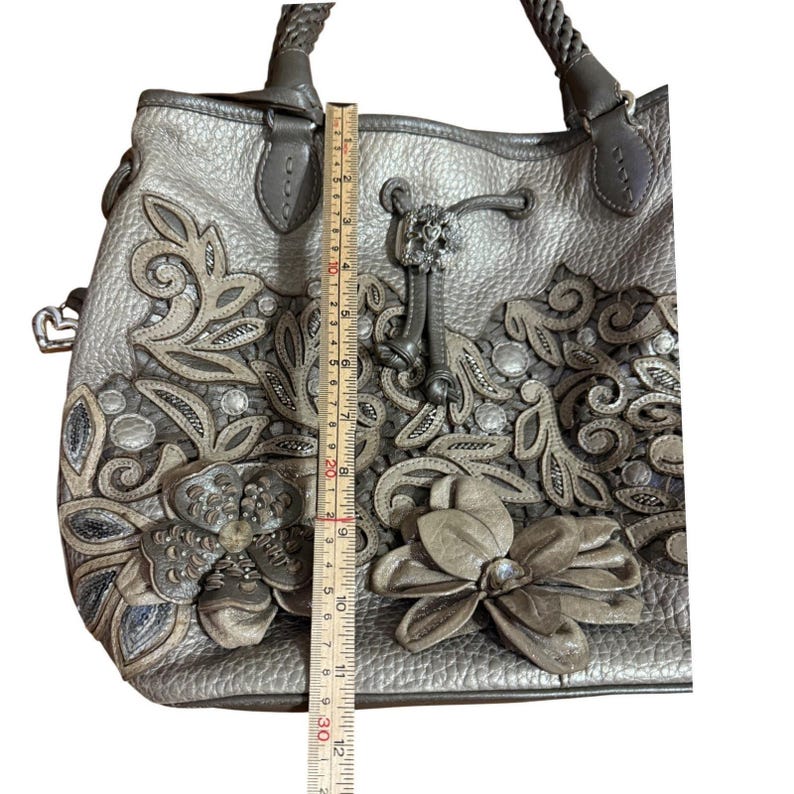 Brighton Leather Pearl Embellished Pewter "Catch the Moon" Bucket Handbag image 7