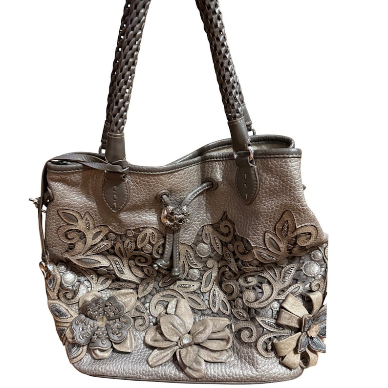 Brighton Leather Pearl Embellished Pewter "Catch the Moon" Bucket Handbag image 6